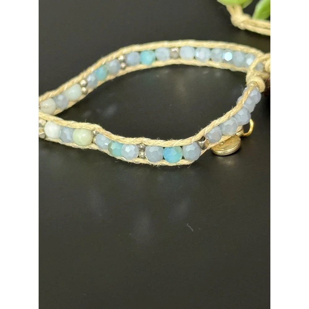 Lotus and Luna Beaded Wrap Bracelet Blue Grey Boho Coconut Button Adjustable